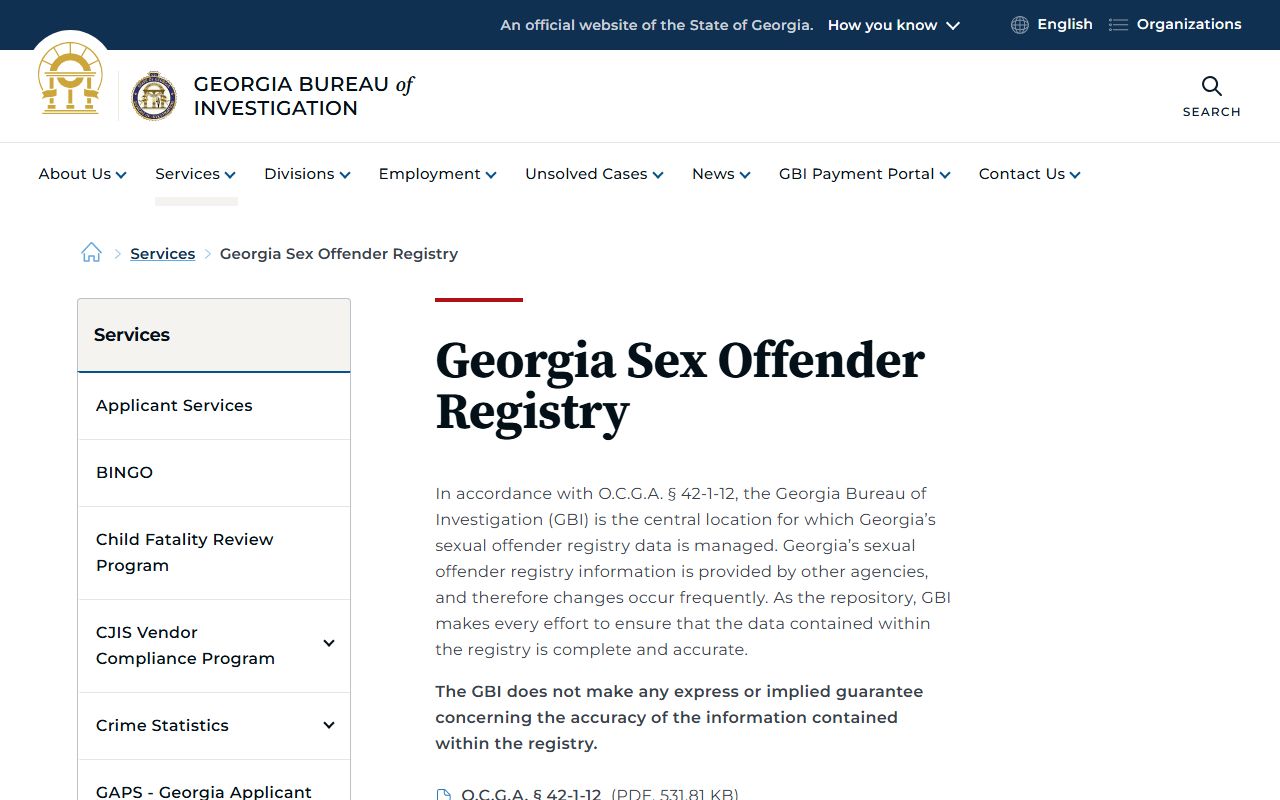 Georgia Bureau of Investigation sex offender registry information page