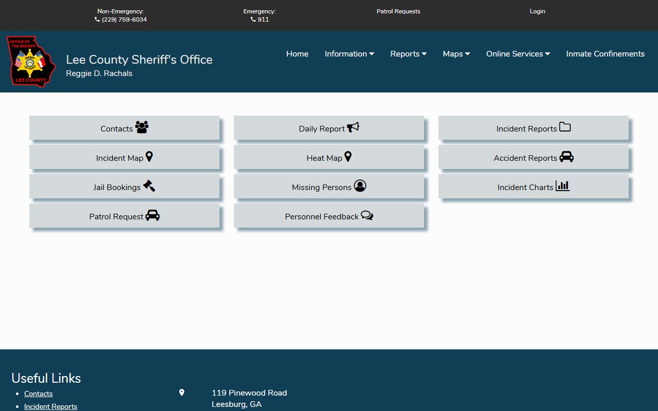 Lee County Citizen Connect homepage with booking and public safety record tools
