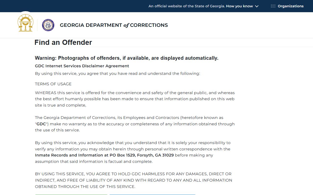 Georgia Department of Corrections offender query page for state prisoners