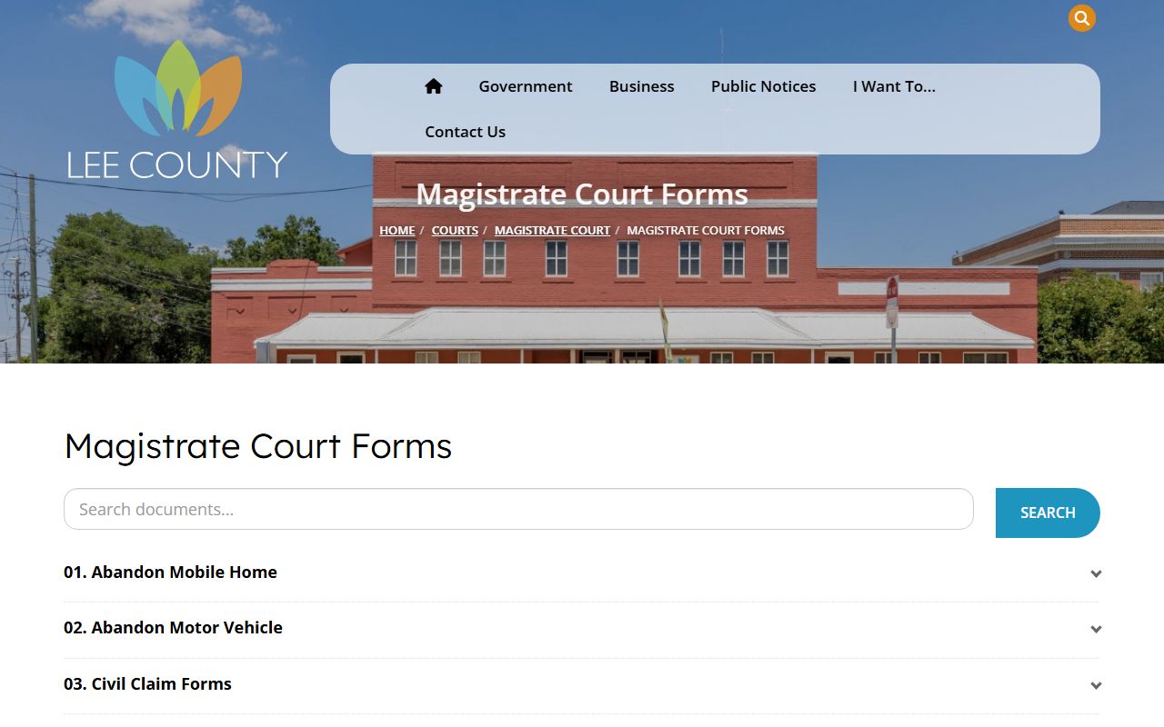 Lee County Magistrate Court forms page with warrant materials